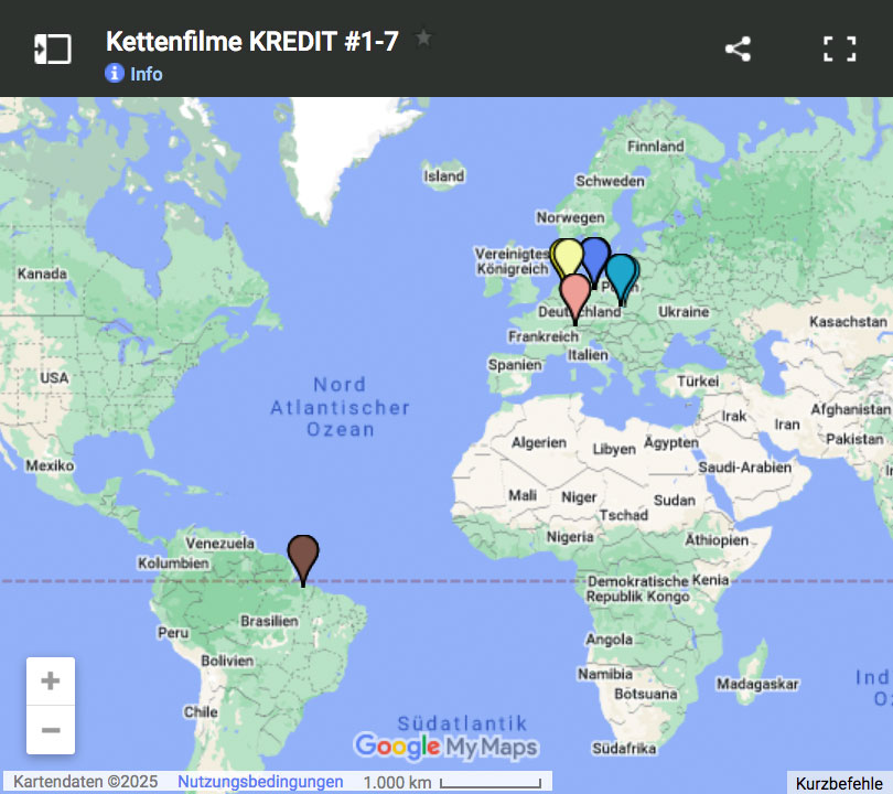 Mapa do Google Maps destacando os diferentes locais de produção de todos os sete FilmesEmRede e suas respectivas áreas de circulação.